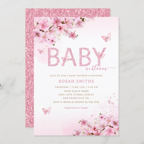 Pink Watercolor Floral Butterfly Girl Baby Shower  Invitation