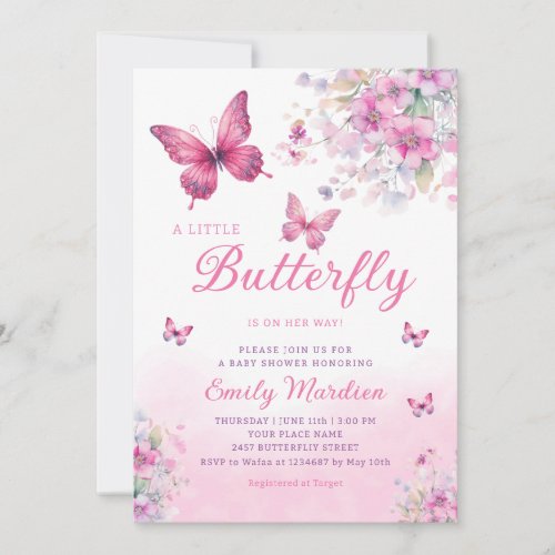 Pink Watercolor Floral Butterfly Girl Baby Shower  Invitation