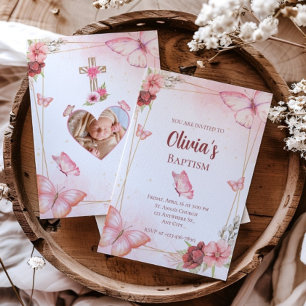 Pink Watercolor Floral Butterfly Photo Baptism Invitation