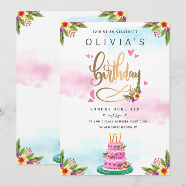 Pink Watercolor Floral Cake Birthday  Invitation (Front/Back)