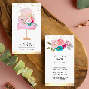 Pink Watercolor Floral Cake Pastry Chef Bakery Business Card