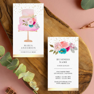 Pink Watercolor Floral Cake Pastry Chef Bakery Business Card