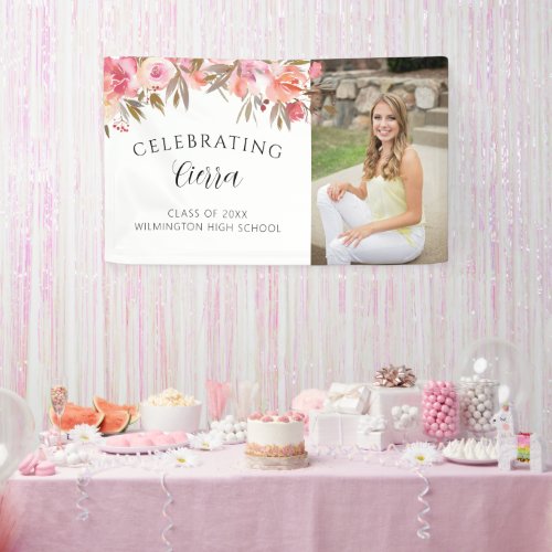 Pink Watercolor Floral Calligraphy Graduation Banner