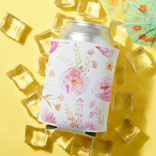Pink Watercolor Floral Can Cooler