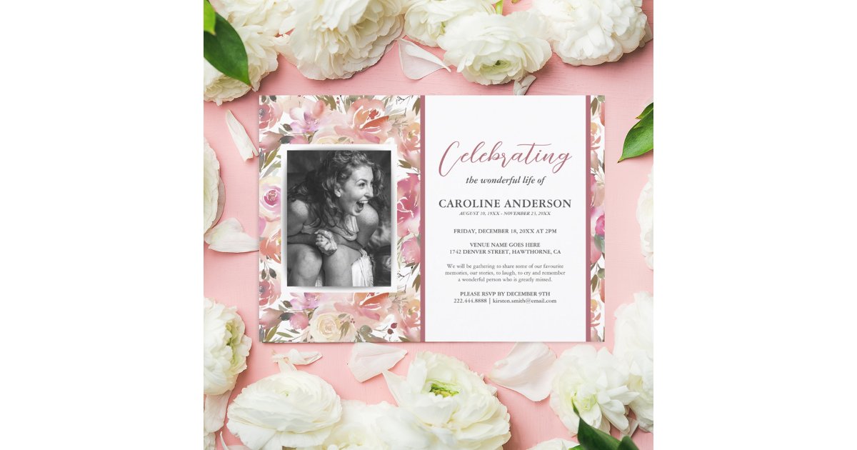 Pink Watercolor Floral Celebration of Life Funeral Invitation | Zazzle