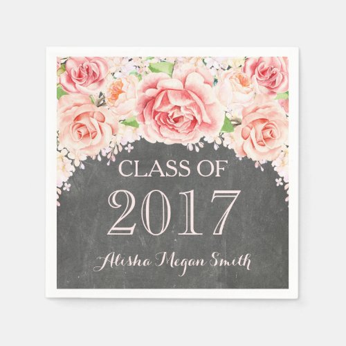 Pink Watercolor Floral Chalkboard 2017 Graduation Napkins