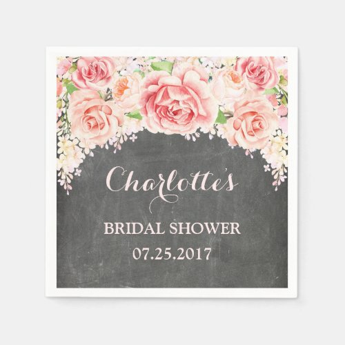 Pink Watercolor Floral Chalkboard Bridal Shower Paper Napkins