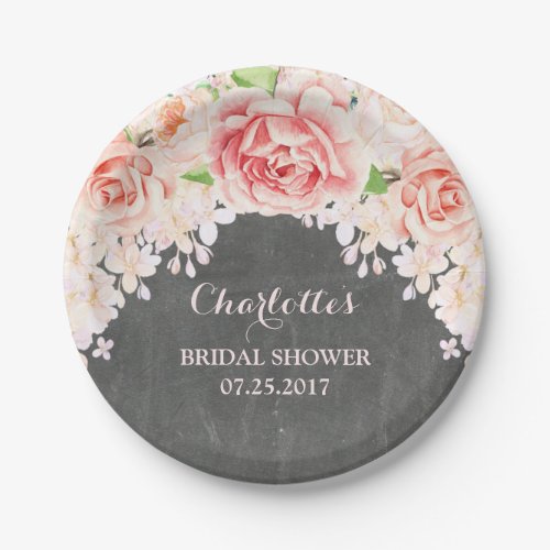 Pink Watercolor Floral Chalkboard Bridal Shower Paper Plates