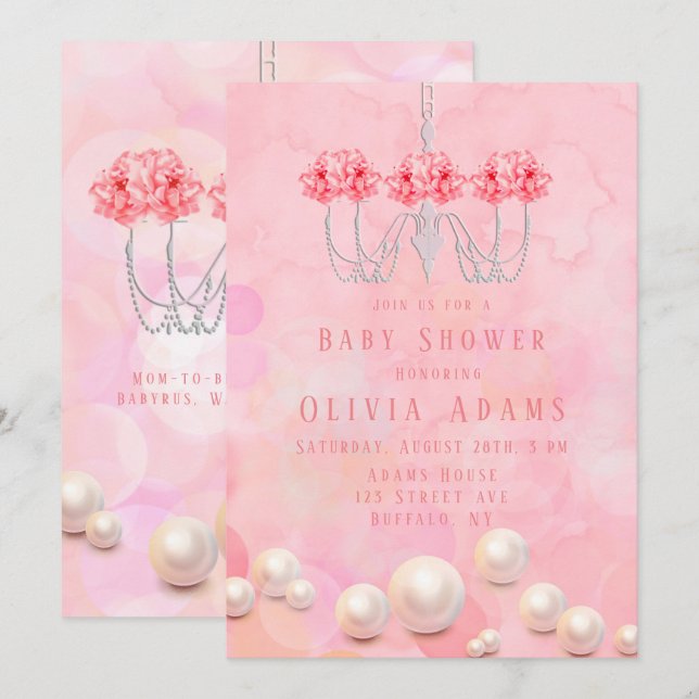 Pink Watercolor Floral Chandelier Girl Baby Shower Invitation (Front/Back)