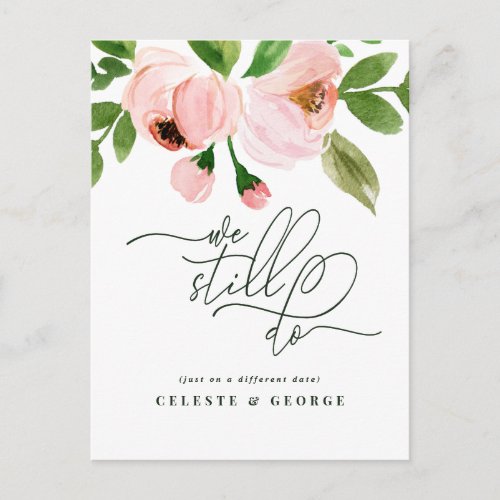 Pink watercolor floral change the date wedding announcement postcard