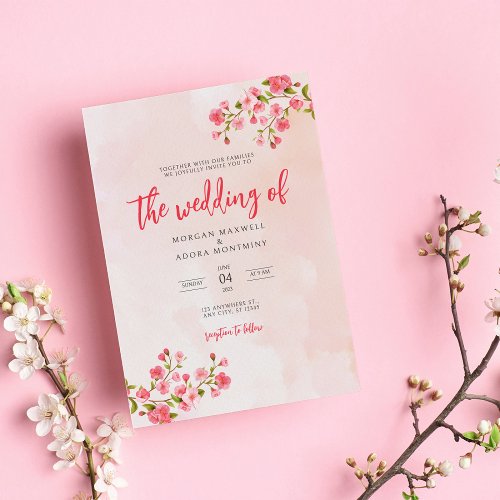 Pink Watercolor Floral Cherry Blossom Wedding  Invitation