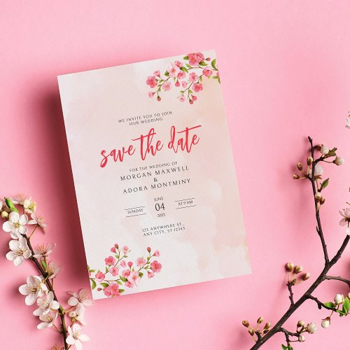 Pink Watercolor Floral Cherry Blossom Wedding Save The Date
