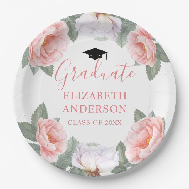 Pink Watercolor Floral Class of Party Paper Plates (Front)