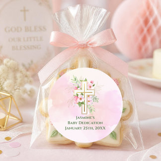 Pink Watercolor Floral Cross Baby Dedication Classic Round Sticker