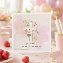 Pink Watercolor Floral Cross Baby Dedication Name