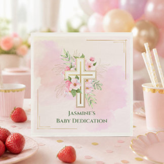 Pink Watercolor Floral Cross Baby Dedication Name Napkins
