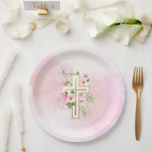 Pink Watercolor Floral Cross Baby Dedication Paper