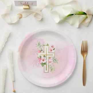 Pink Watercolor Floral Cross Baby Dedication Paper Plates