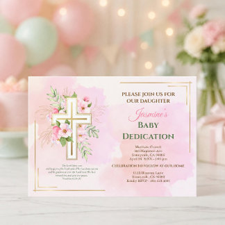 Pink Watercolor Floral Cross Baby Dedication Verse Invitation
