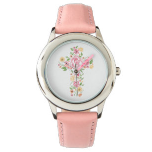 Pink Watercolor Floral Cross First Holy Communion Watch