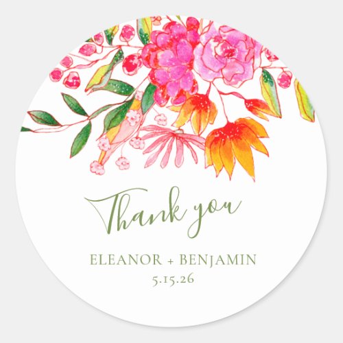 Pink Watercolor Floral Custom Wedding Thank You Classic Round Sticker
