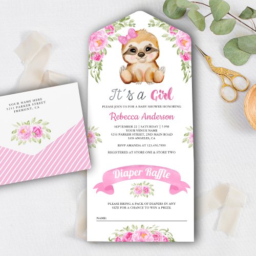 Pink Watercolor Floral Cute Sloth Baby Shower All In One Invitation
