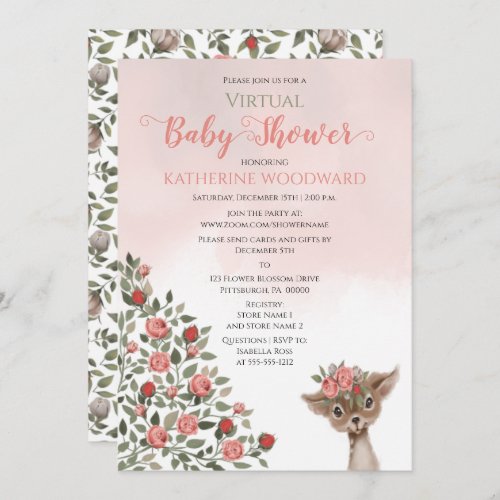 Pink Watercolor Floral  Deer Virtual Baby Shower Invitation