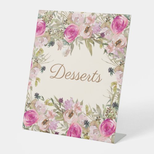 Pink Watercolor Floral Dessert Table Pedestal Sign