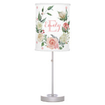 Pink Watercolor Floral Dots Girl Baby Nursery Table Lamp