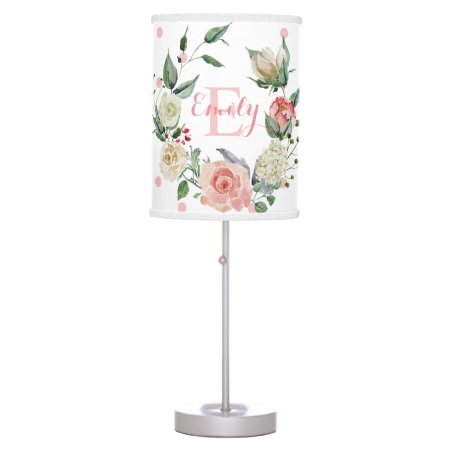Pink Watercolor Floral Dots Girl Baby Nursery Table Lamp