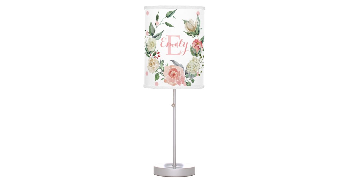 Pink Watercolor Floral Dots Girl Baby Nursery Table Lamp Zazzle