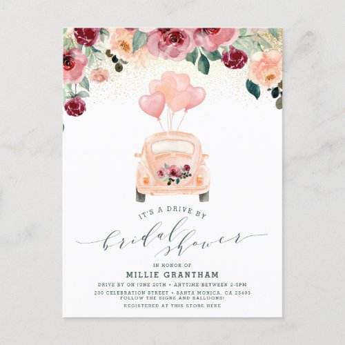 Pink Watercolor Floral Drive By Bridal Shower Invitation Postcard