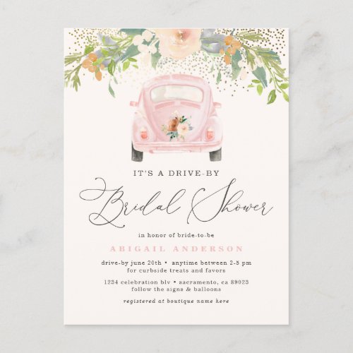 Pink Watercolor Floral Drive By Bridal Shower Invitation Postcard