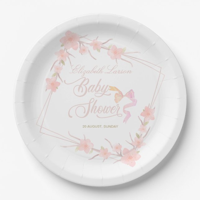 Pink Watercolor Floral Elegant Baby Shower Paper Plates (Front)