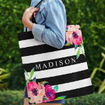 Pink Watercolor Floral Elegant Black White Stripe Tote Bag<br><div class="desc">Girly-Girl-Graphics at Zazzle: Pink Watercolor Floral Elegant Black White Stripe Tote Bag - Beautiful Customizable Stylish Pretty Pastel and Colorful Pink, Aqua Blue, Yellow Gold Romantic Vintage Country Greenery and Flowers with Modern Cool Geometric Stripe Pattern Best Popular Teen Girls and Women's Fun Fashion Style Accessories to Personalize with Your...</div>