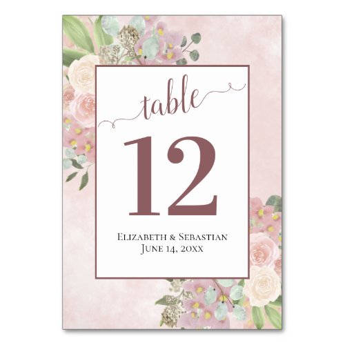 Pink Watercolor Floral Elegant Boho Chic Wedding Table Number