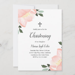 Pink Watercolor Floral Elegant Christening Invitation