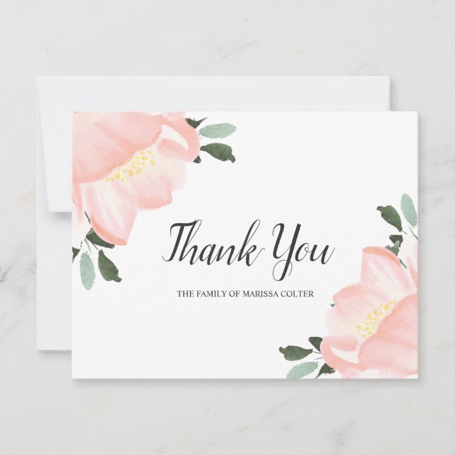 Pink Watercolor Floral Elegant Funeral Thank You Card (Front)