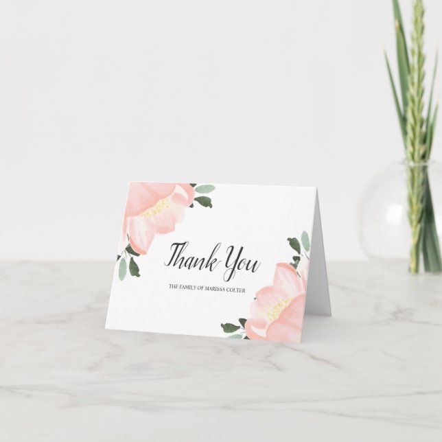 Pink Watercolor Floral Elegant Funeral Thank You Card (Front)