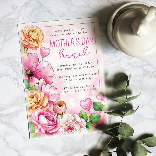 Pink Watercolor Floral Elegant Mothers Day Brunch Invitation
