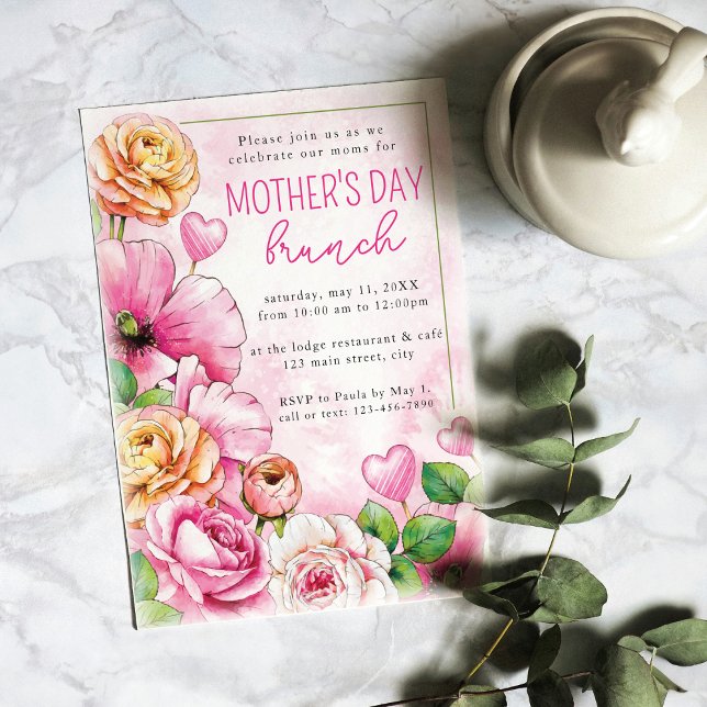 Pink Watercolor Floral Elegant Mother's Day Brunch Invitation (Creator Uploaded)