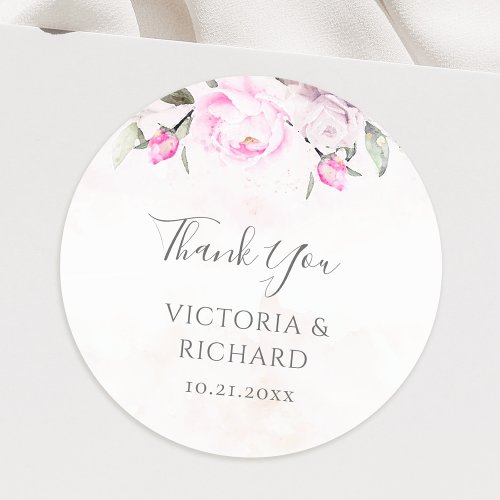 Pink Watercolor Floral Elegant Wedding Classic Round Sticker