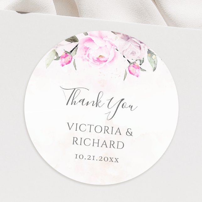Pink Watercolor Floral Elegant Wedding Classic Round Sticker (Creator Uploaded)