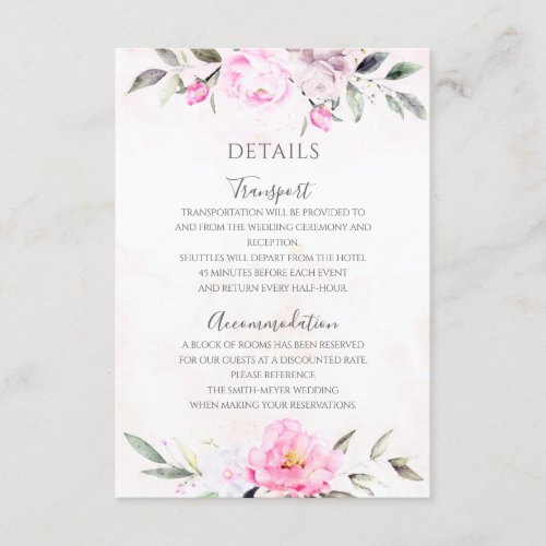 Pink Watercolor Floral Elegant Wedding Details Enclosure Card
