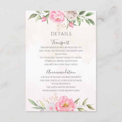 Pink Watercolor Floral Elegant Wedding Details Enclosure Card