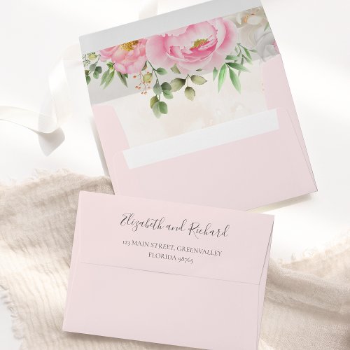 Pink Watercolor Floral Elegant Wedding Envelope