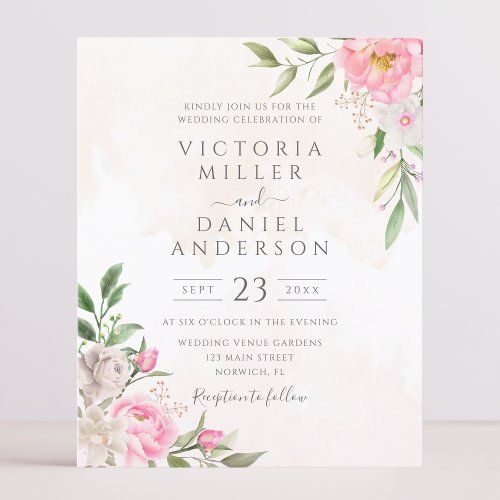 Pink Watercolor Floral Elegant Wedding Invitation