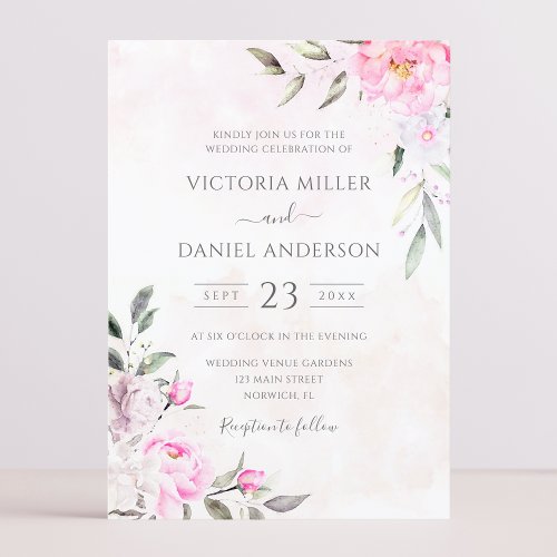Pink Watercolor Floral Elegant Wedding Invitation