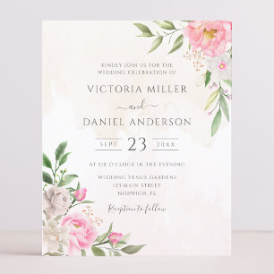 Pink Watercolor Floral Elegant Wedding Invitation