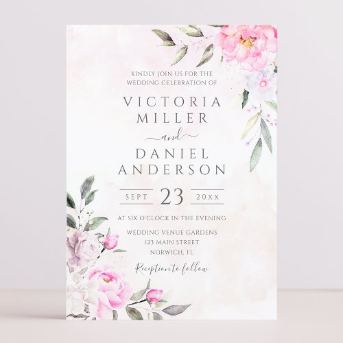 Pink Watercolor Floral Elegant Wedding Invitation